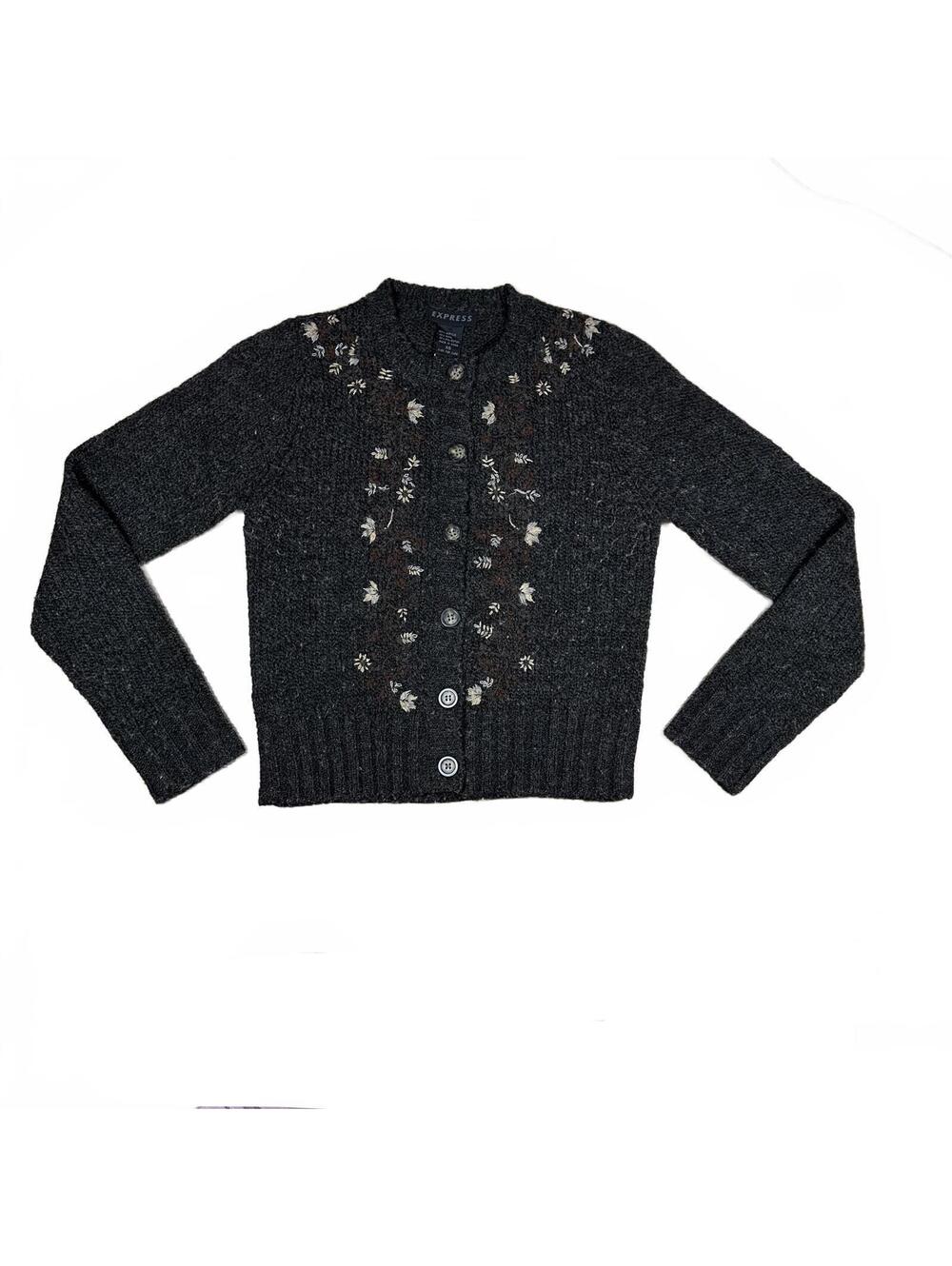 Express Women’s Sweater Gray Floral Embroidery Wool Vintage